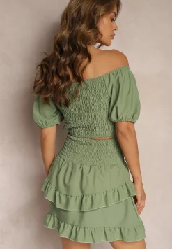 Zielony Komplet z Bawełną Spódnica z Gumką w Talii i Falbanką Bluzka Typu Hiszpanka Testalani