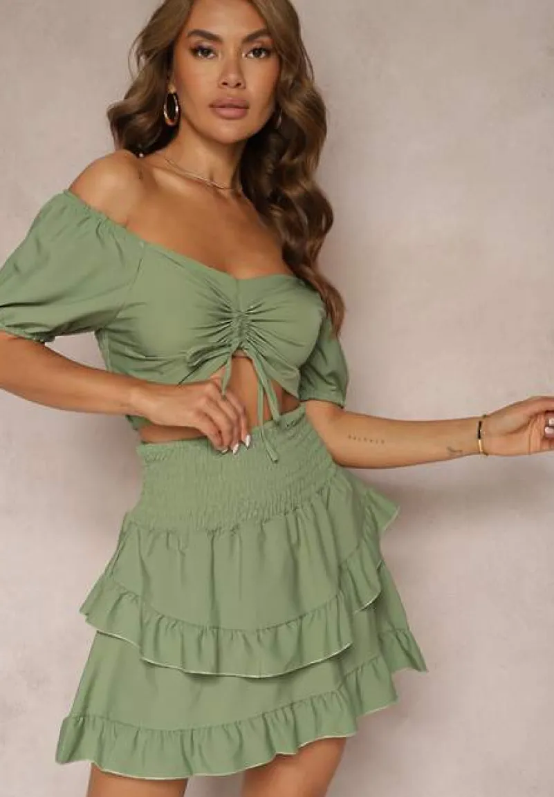 Zielony Komplet z Bawełną Spódnica z Gumką w Talii i Falbanką Bluzka Typu Hiszpanka Testalani