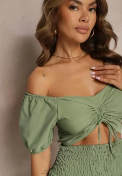 Zielony Komplet z Bawełną Spódnica z Gumką w Talii i Falbanką Bluzka Typu Hiszpanka Testalani