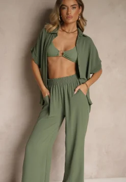 Zielony Komplet z Koszulą z Krótkim Rękawem i Spodniami o Szerokim Kroju Malerienna