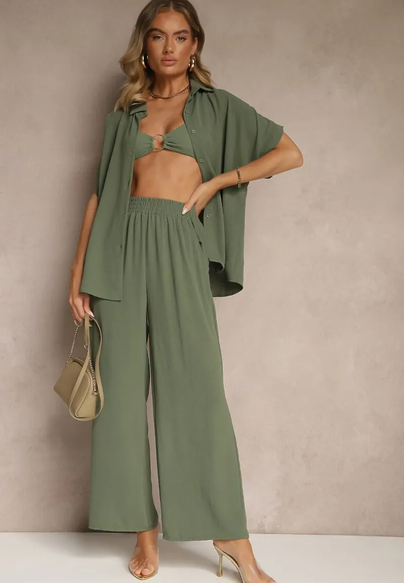 Zielony Komplet z Koszulą z Krótkim Rękawem i Spodniami o Szerokim Kroju Malerienna