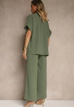 Zielony Komplet z Koszulą z Krótkim Rękawem i Spodniami o Szerokim Kroju Malerienna