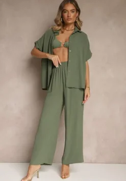 Zielony Komplet z Koszulą z Krótkim Rękawem i Spodniami o Szerokim Kroju Malerienna