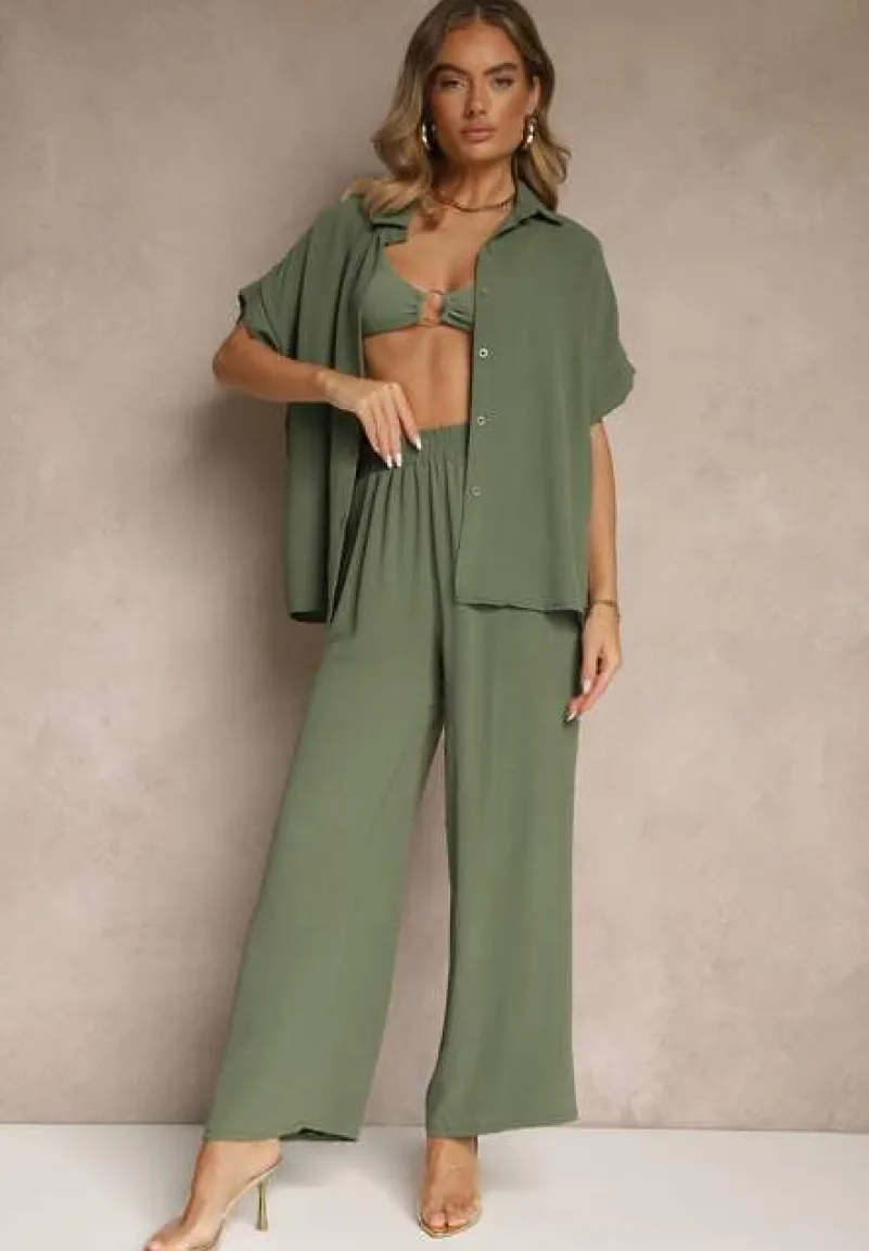 Zielony Komplet z Koszulą z Krótkim Rękawem i Spodniami o Szerokim Kroju Malerienna