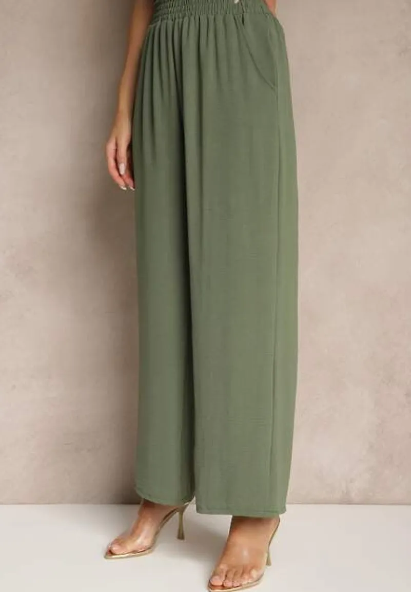 Zielony Komplet z Koszulą z Krótkim Rękawem i Spodniami o Szerokim Kroju Malerienna