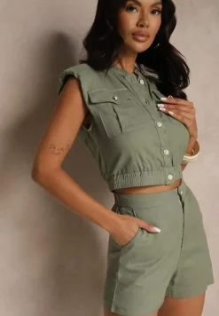 Zielony Komplet z Mieszanki Wiskozy i Lnu Szorty oraz Kamizelka Nevis