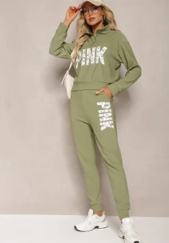 Zielony Komplet z Napisem Bluza Krótka i Spodnie ze Ściągaczami Nimilia