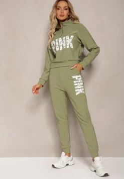Zielony Komplet z Napisem Bluza Krótka i Spodnie ze Ściągaczami Nimilia