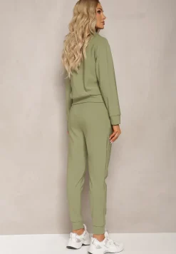 Zielony Komplet z Napisem Bluza Krótka i Spodnie ze Ściągaczami Nimilia