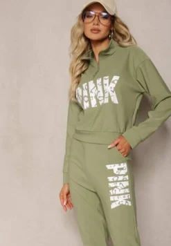 Zielony Komplet z Napisem Bluza Krótka i Spodnie ze Ściągaczami Nimilia
