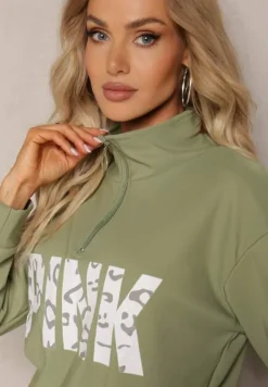 Zielony Komplet z Napisem Bluza Krótka i Spodnie ze Ściągaczami Nimilia