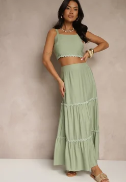 Zielony Komplet z Wiskozy Top na Ramiączkach i Spódnica Rozkloszowana z Gumką w Pasie Efrisia