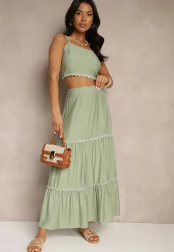 Zielony Komplet z Wiskozy Top na Ramiączkach i Spódnica Rozkloszowana z Gumką w Pasie Efrisia