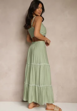 Zielony Komplet z Wiskozy Top na Ramiączkach i Spódnica Rozkloszowana z Gumką w Pasie Efrisia
