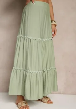 Zielony Komplet z Wiskozy Top na Ramiączkach i Spódnica Rozkloszowana z Gumką w Pasie Efrisia