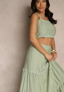 Zielony Komplet z Wiskozy Top na Ramiączkach i Spódnica Rozkloszowana z Gumką w Pasie Efrisia