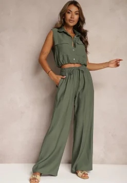 Zielony Komplet z Wiskozy Spodnie o Szerokim Kroju z Gumką w Talii Bluzka z Kieszeniami Risellesma