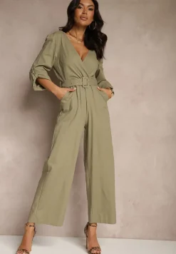 Zielony Kopertowy Kombinezon z Bawełny z Dodatkowym Paskiem i Gumką w Talii Rinnarela