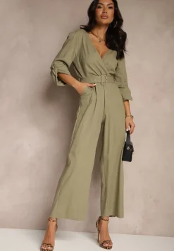 Zielony Kopertowy Kombinezon z Bawełny z Dodatkowym Paskiem i Gumką w Talii Rinnarela