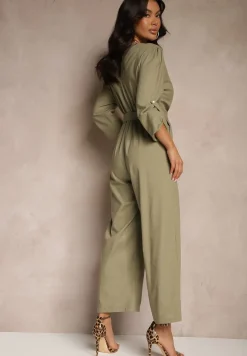 Zielony Kopertowy Kombinezon z Bawełny z Dodatkowym Paskiem i Gumką w Talii Rinnarela