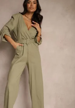 Zielony Kopertowy Kombinezon z Bawełny z Dodatkowym Paskiem i Gumką w Talii Rinnarela