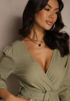 Zielony Kopertowy Kombinezon z Bawełny z Dodatkowym Paskiem i Gumką w Talii Rinnarela