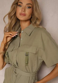 Zielony Krótki Kombinezon z Wiskozą i Lnem z Ozdobnym Paskiem w Talii Nefefia