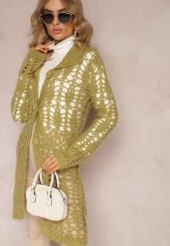 Zielony Luźny Kardigan Ażurowy na Guziki Sieneos