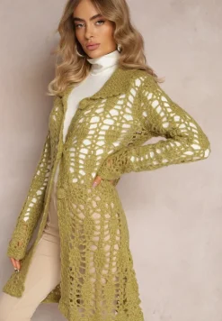 Zielony Luźny Kardigan Ażurowy na Guziki Sieneos