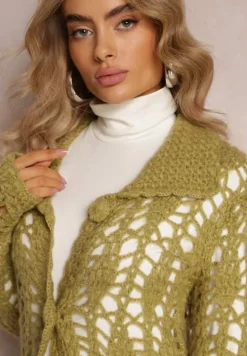 Zielony Luźny Kardigan Ażurowy na Guziki Sieneos