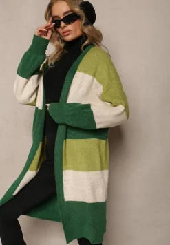 Zielony Luźny Kardigan Niezapinany w Paski Blikoze