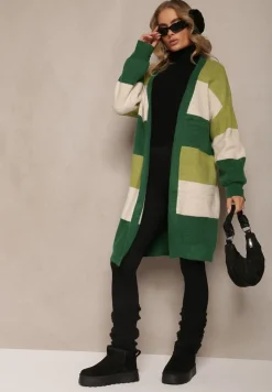 Zielony Luźny Kardigan Niezapinany w Paski Blikoze