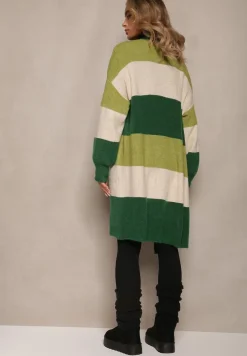 Zielony Luźny Kardigan Niezapinany w Paski Blikoze