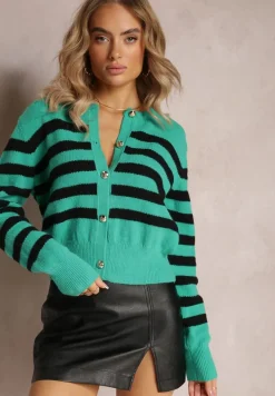 Zielony Luźny Krótki Kardigan Zapinany na Guziki w Paski Abburra