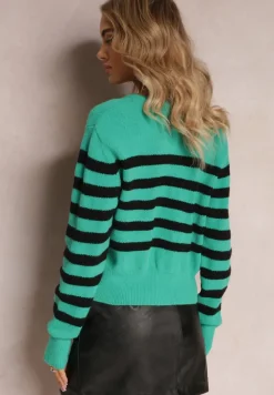 Zielony Luźny Krótki Kardigan Zapinany na Guziki w Paski Abburra