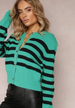 Zielony Luźny Krótki Kardigan Zapinany na Guziki w Paski Abburra