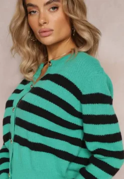 Zielony Luźny Krótki Kardigan Zapinany na Guziki w Paski Abburra