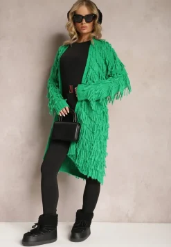 Zielony Niezapinany Kardigan w Ozdobne Frędzle Massawa