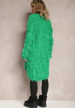 Zielony Niezapinany Kardigan w Ozdobne Frędzle Massawa