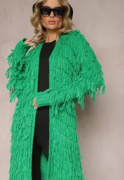 Zielony Niezapinany Kardigan w Ozdobne Frędzle Massawa