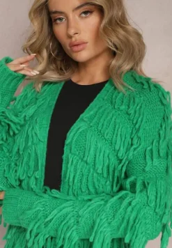 Zielony Niezapinany Kardigan w Ozdobne Frędzle Massawa