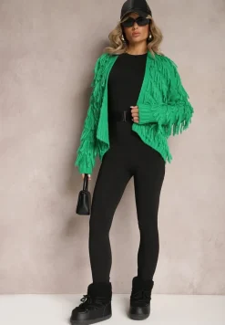 Zielony Niezapinany Kardigan z Frędzlami Segentri