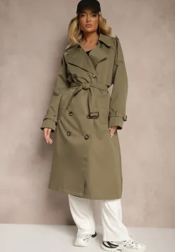 Zielony Oversizowy Płaszcz Trencz o Dwurzędowym Kroju z Paskiem Darinella