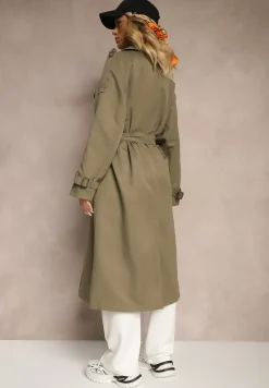 Zielony Oversizowy Płaszcz Trencz o Dwurzędowym Kroju z Paskiem Darinella