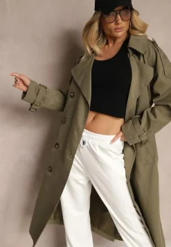 Zielony Oversizowy Płaszcz Trencz o Dwurzędowym Kroju z Paskiem Darinella