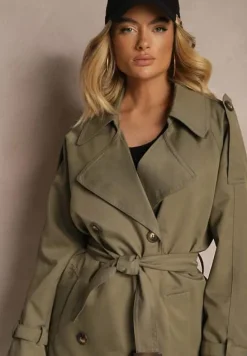 Zielony Oversizowy Płaszcz Trencz o Dwurzędowym Kroju z Paskiem Darinella