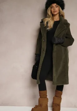 Zielony Płaszcz Futerko z Rękawami z Dzianiny Ravileth