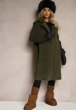Zielony Płaszcz Futerko z Rękawami z Dzianiny Ravileth