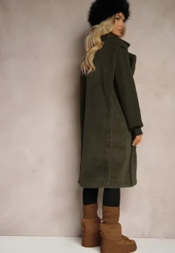 Zielony Płaszcz Futerko z Rękawami z Dzianiny Ravileth