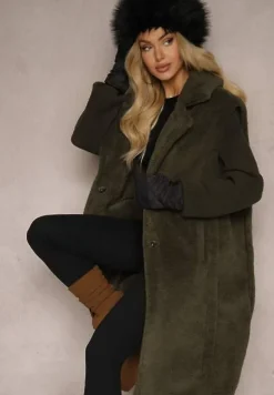 Zielony Płaszcz Futerko z Rękawami z Dzianiny Ravileth